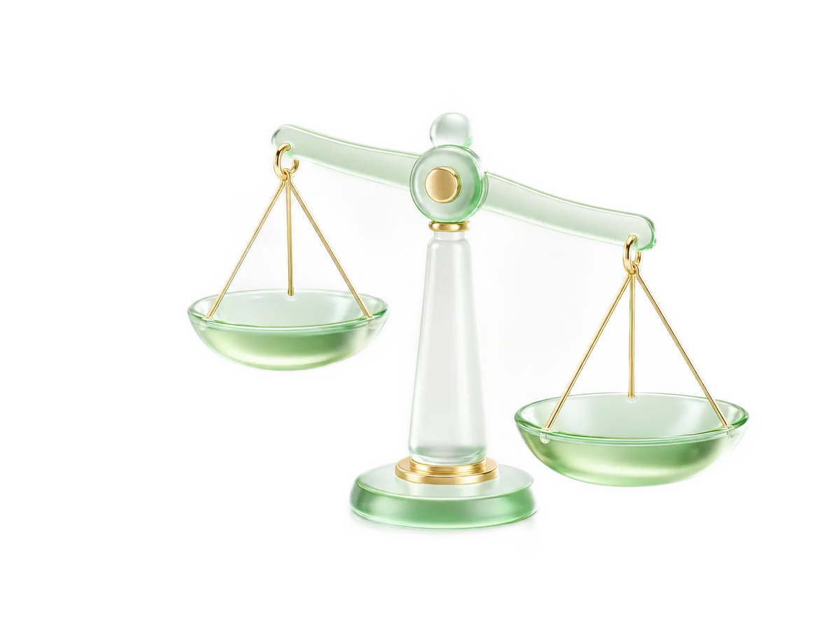 A rounded balance scale rendered in green translucent glass with gold accents