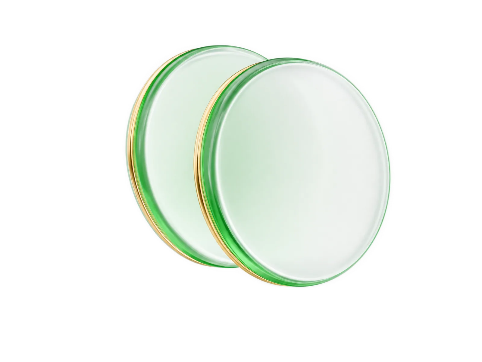 Two overlapping rounded discs rendered in green translucent glass with gold accents