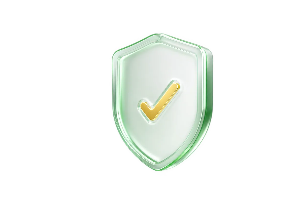 A rounded shield badge with a checkmark rendered in green translucent glass with gold accents