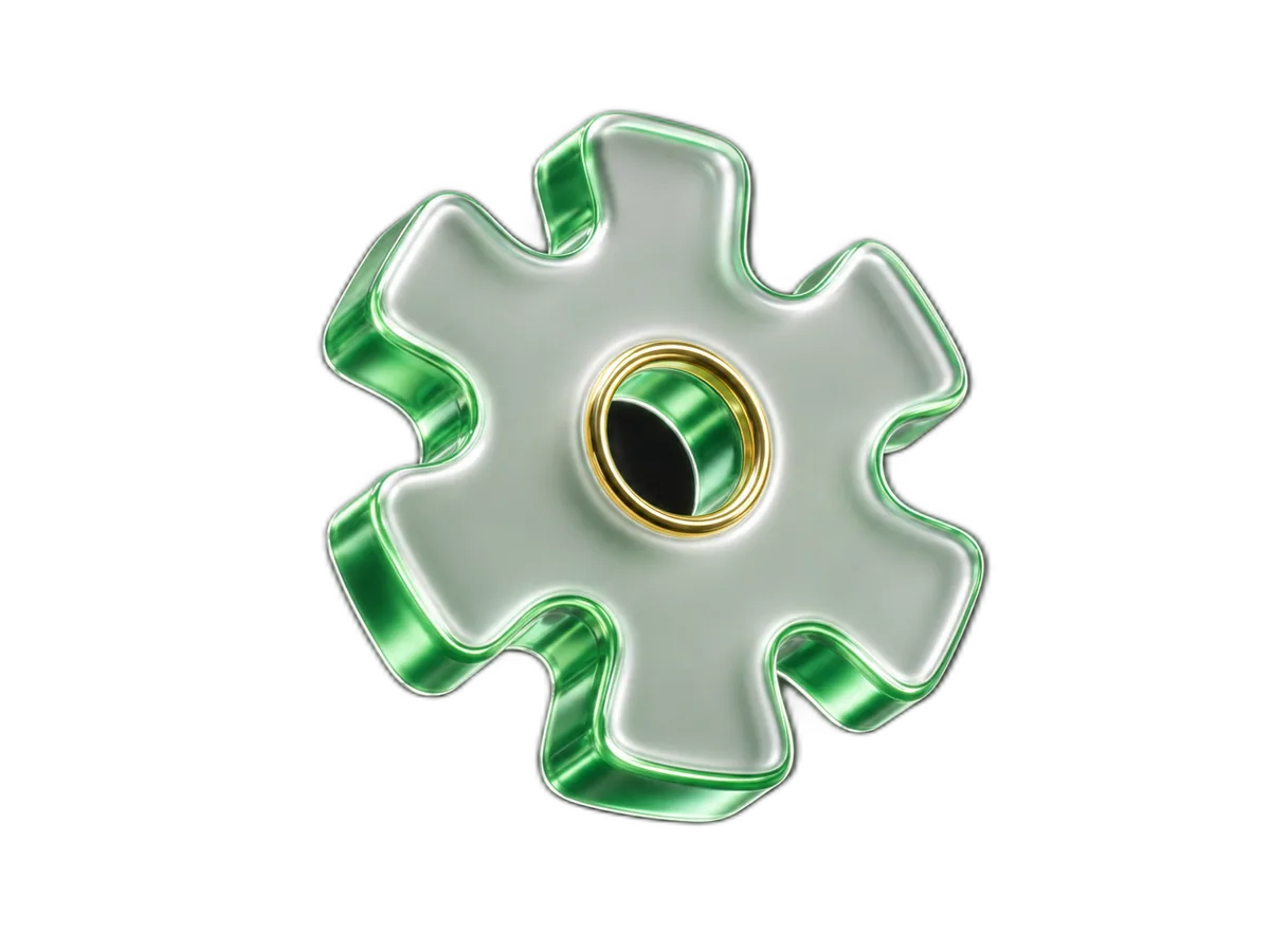 A rounded cog wheel rendered in green translucent glass with gold accents