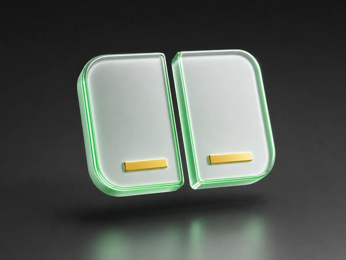 A rounded card separating into two floating halves rendered in green translucent glass