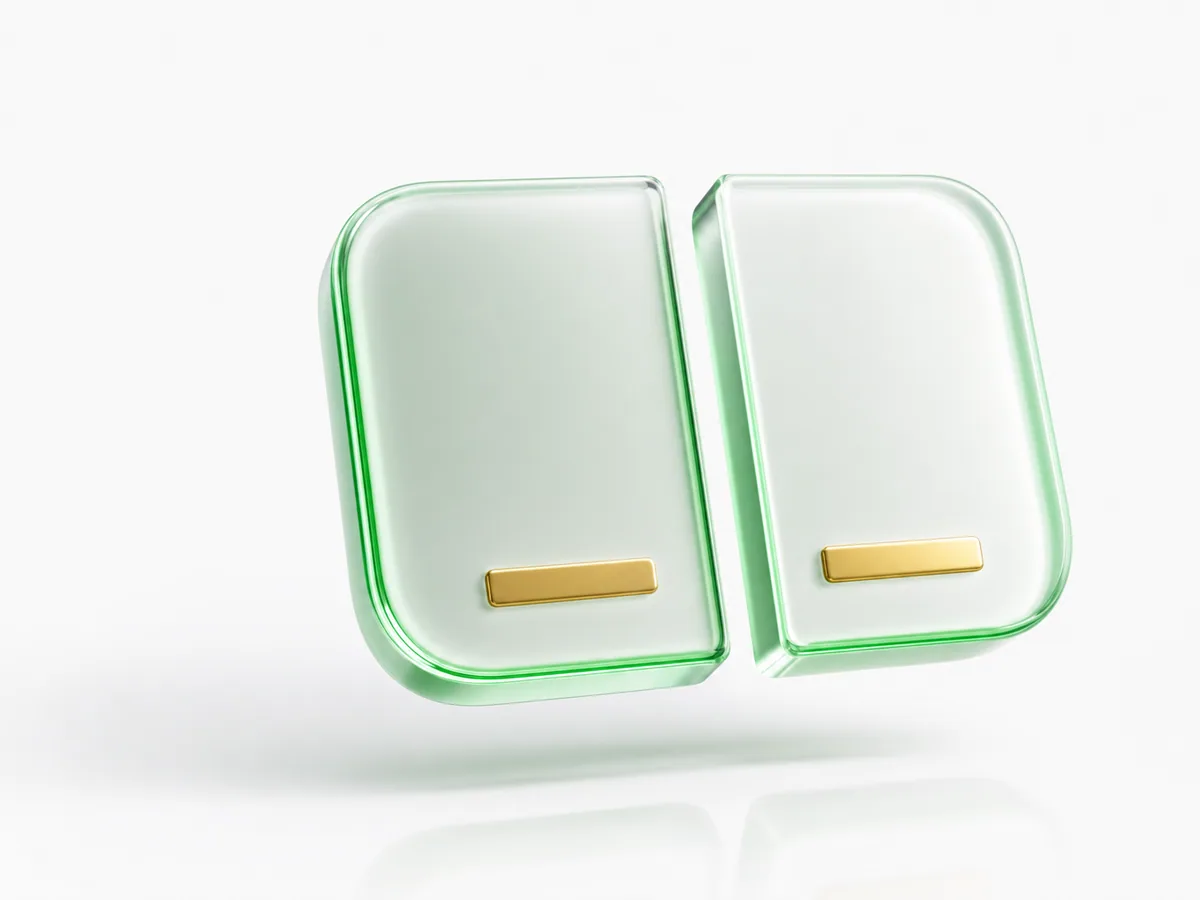 A rounded card separating into two floating halves rendered in green translucent glass