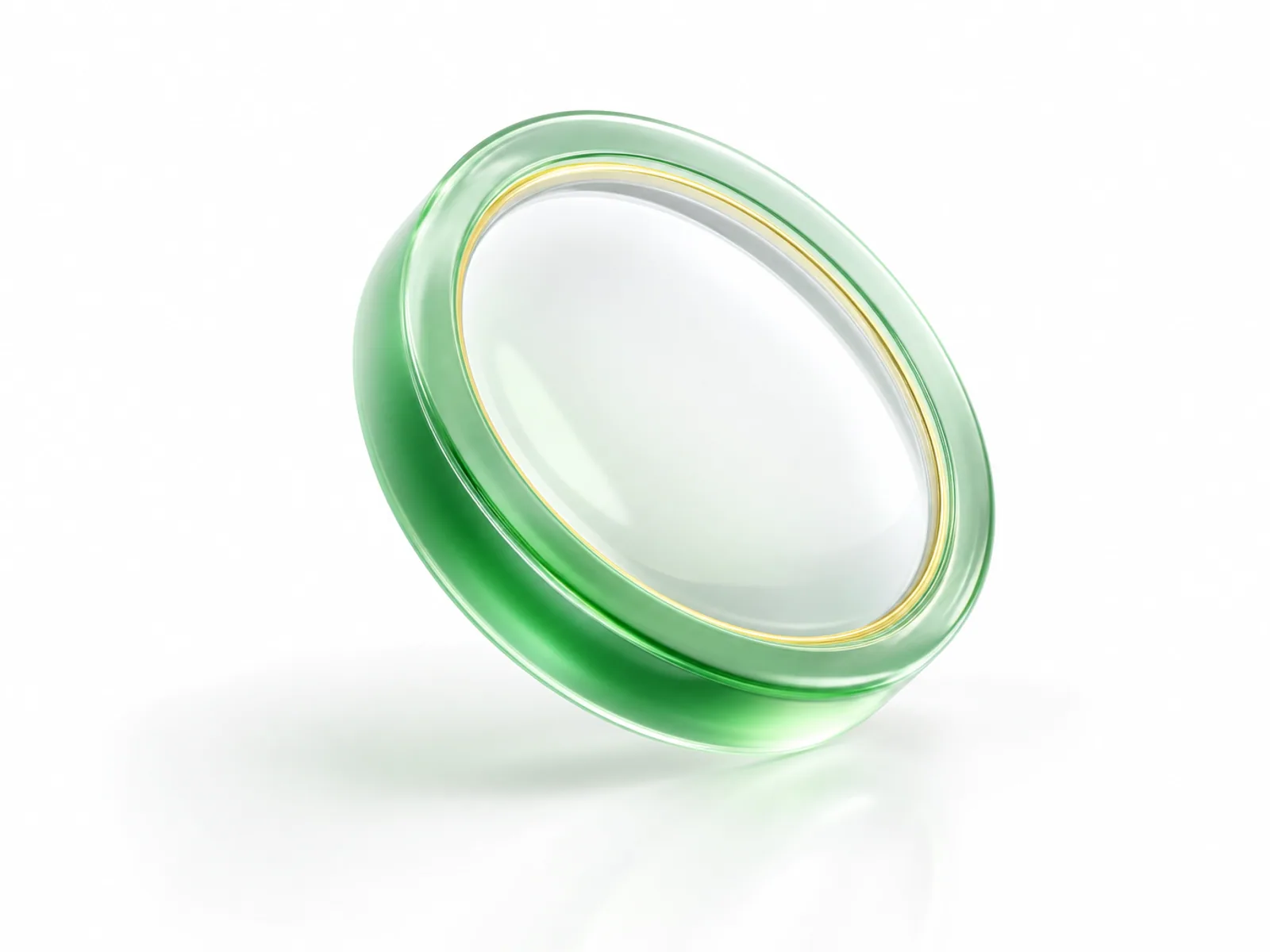 A rounded magnifying lens rendered in green translucent glass with gold accents