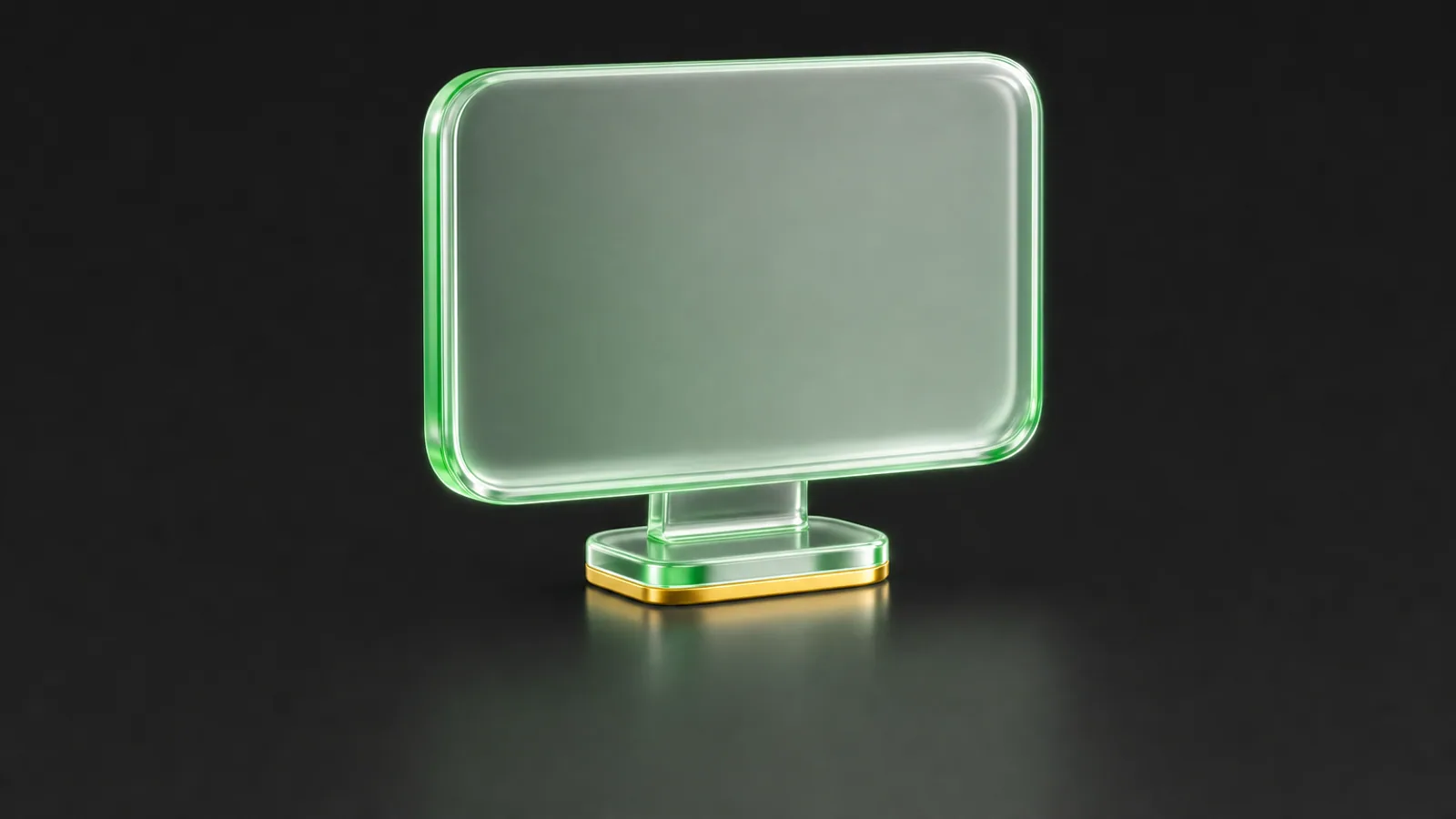 A rounded desktop monitor rendered in green translucent glass with gold accents