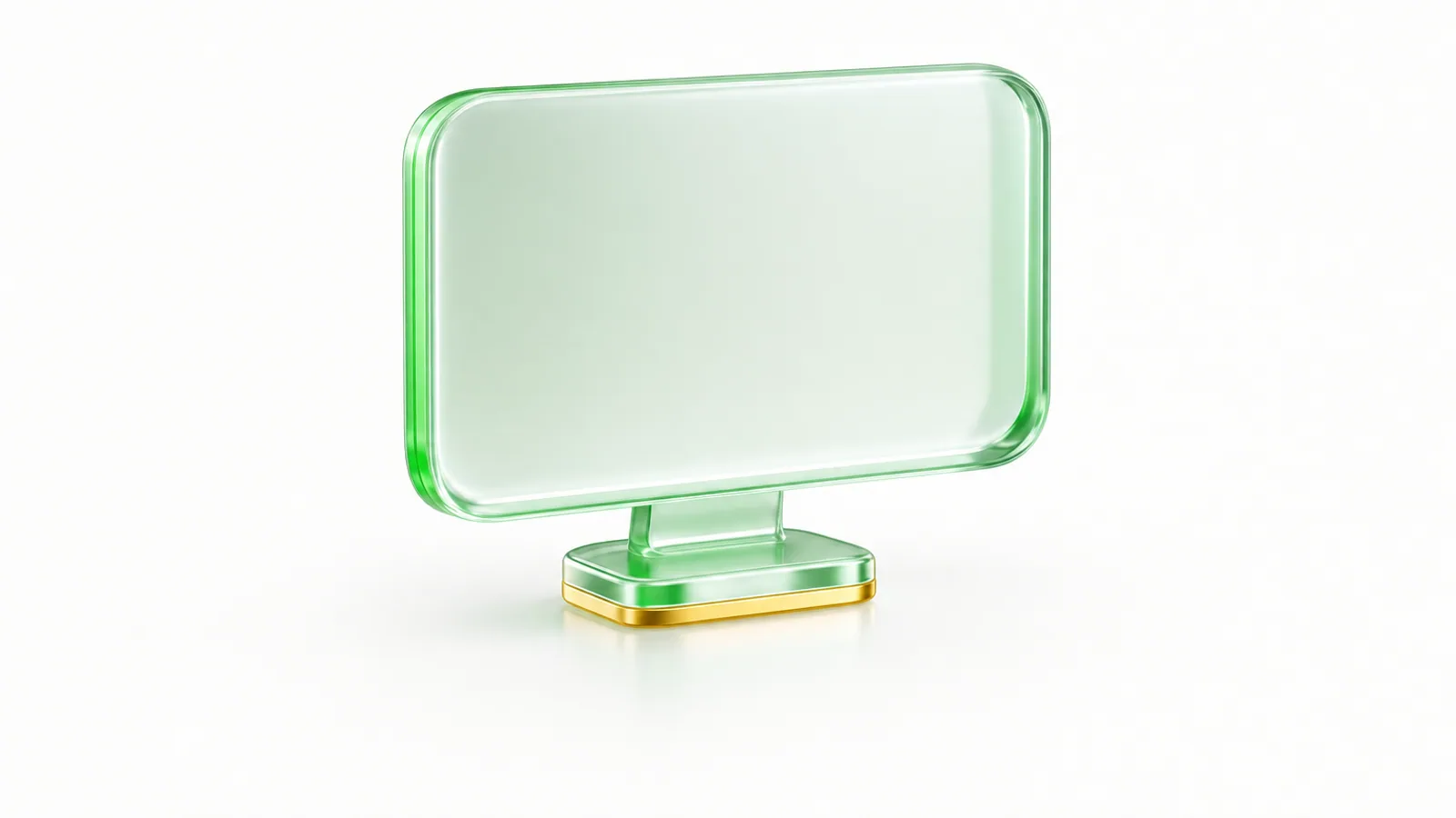 A rounded desktop monitor rendered in green translucent glass with gold accents