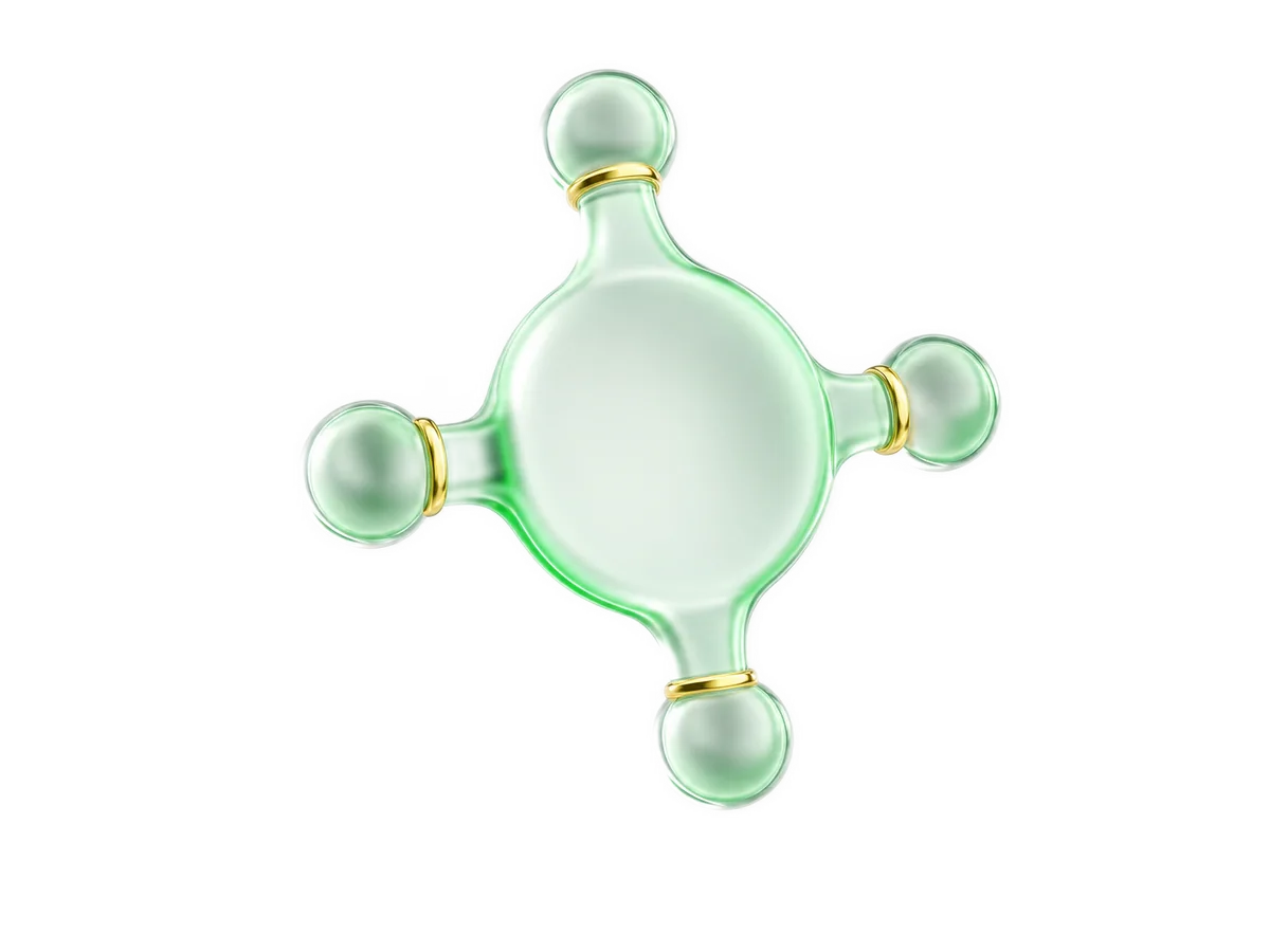 A rounded hub disc with spokes rendered in green translucent glass with gold accents